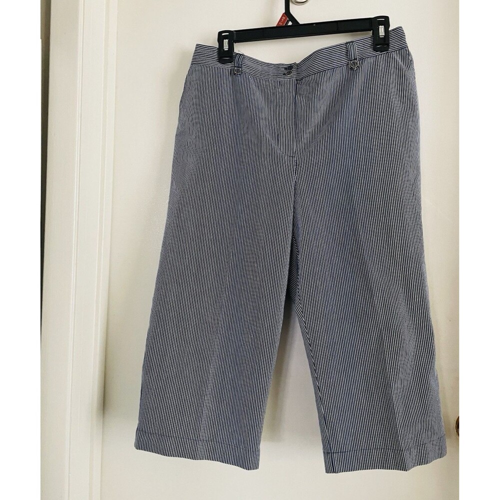 Alfred Dunner Women’s Blue/White Striped Cropped Pants Straight Leg Pockets 12